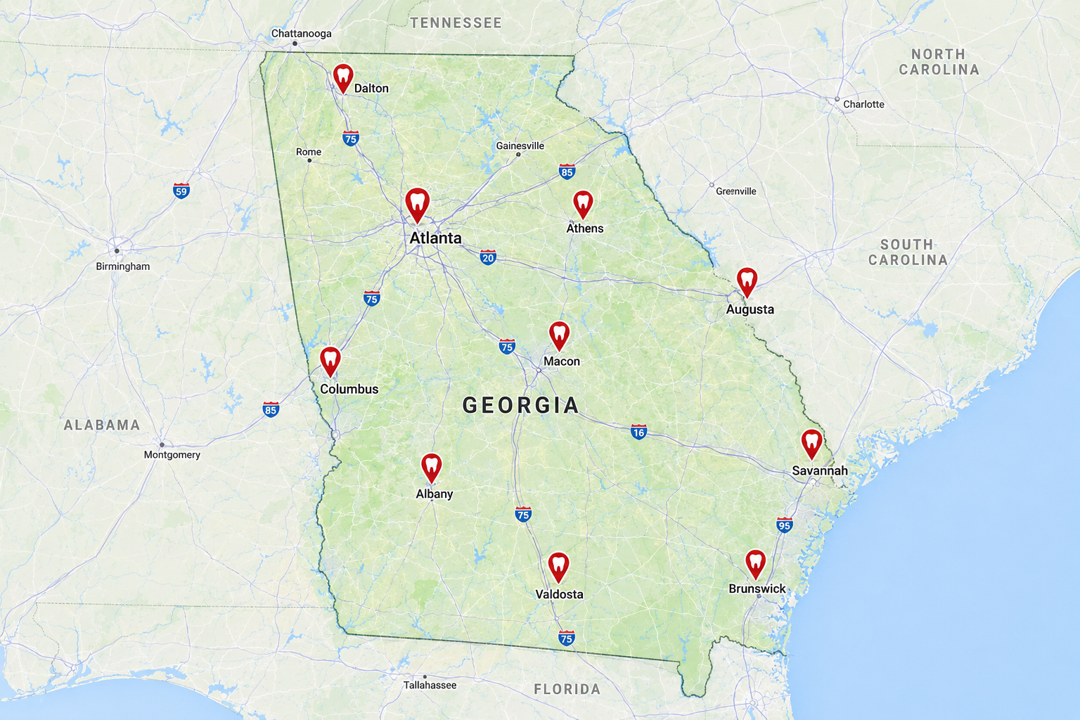 Illustrated map of Georgia with dental location pins
